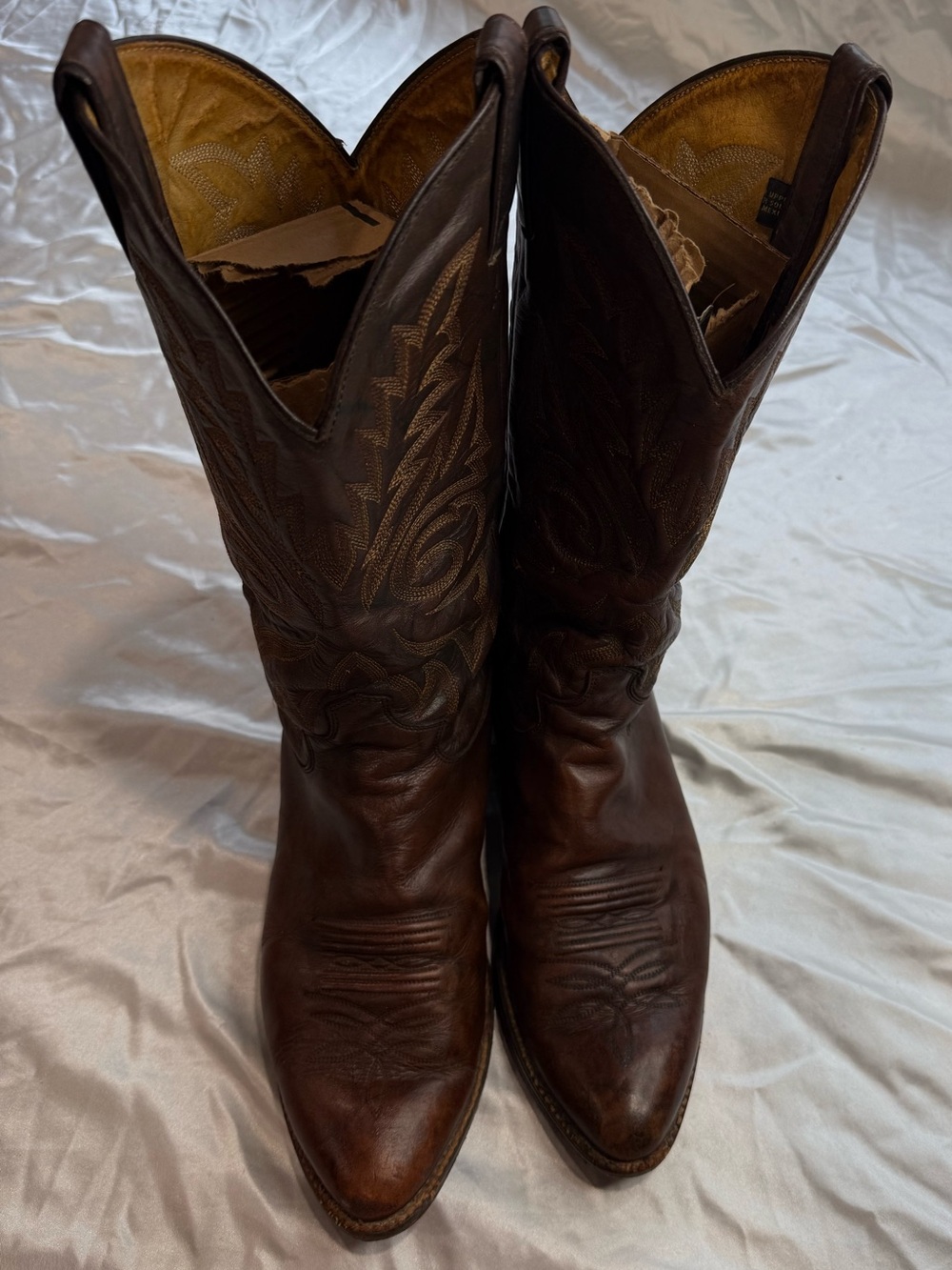 Justin Boots Brown Leather Western Cowboy Boots with Embroidered Shaft